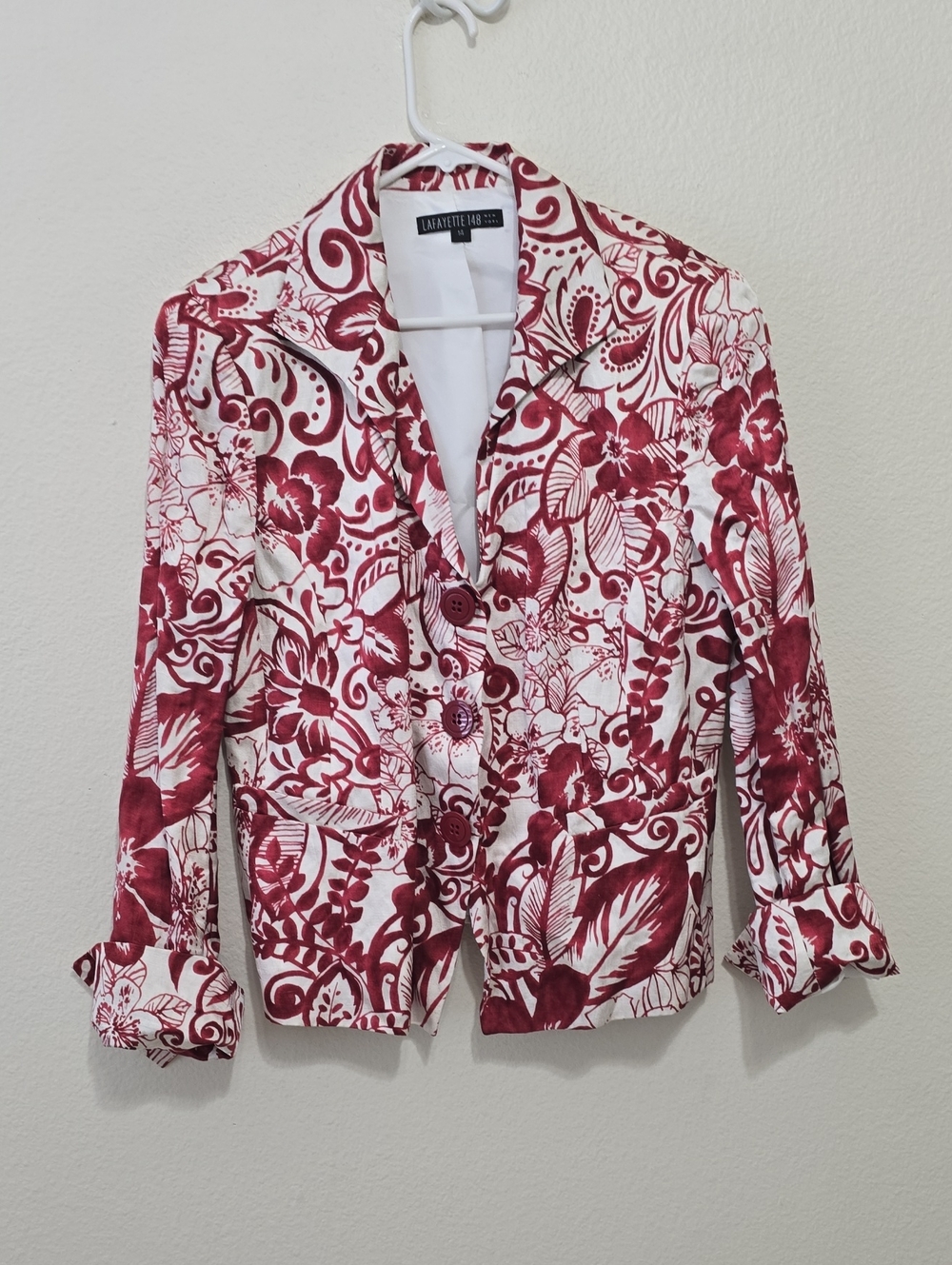 Lafayette 148 New York White and Red Floral Silk Blend Blazer 14